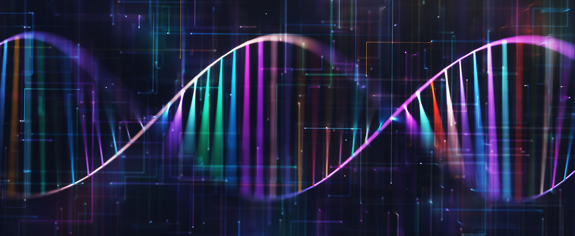 biomedical computing - graphic of a colorful DNA strand on a black background