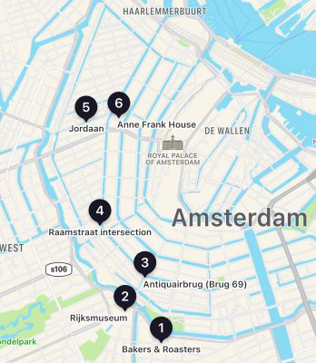 Soundscape - A map of the first six Markers on the Route, starting in the south, and heading north. The map shows the concentric waterways radiating out from the centre.