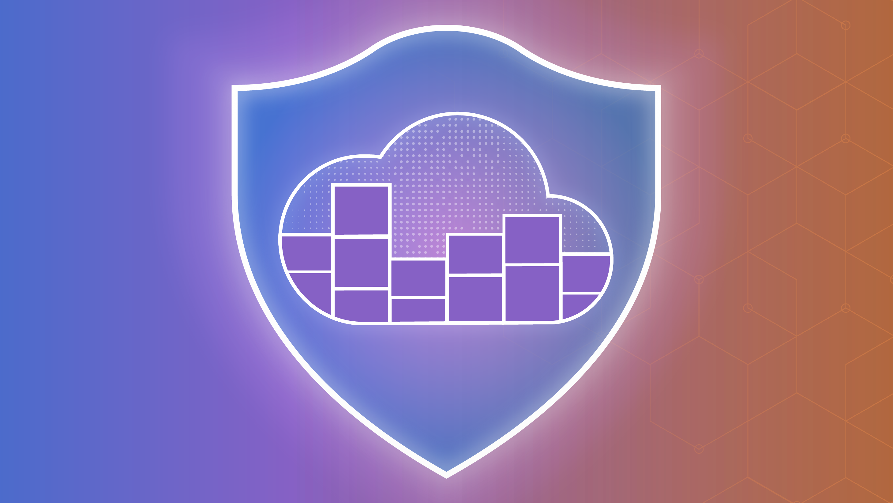 A cloud outline within a security shield over top a blue to orange color gradient background.