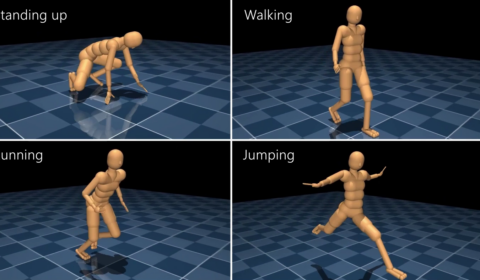 A montage of four animated figures completing humanoid actions: standing up, walking, running, and jumping.