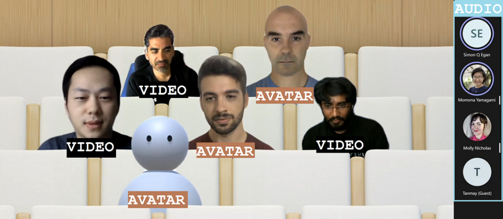 Figure 1: Avatars, video participants, and audio participants talking in a mixed-modality conferencing environment.