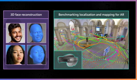 This image contains two panels. The panel on the left is titled “3D face reconstruction” and depicts two faces of real people and corresponding face models developed using the dense landmarks method with 703 facial landmarks. The panel on the right is titled “Benchmarking localization and mapping for AR” and shows the interior of a building with paths—or sequences—where people had captured the environment using Microsoft HoloLens.