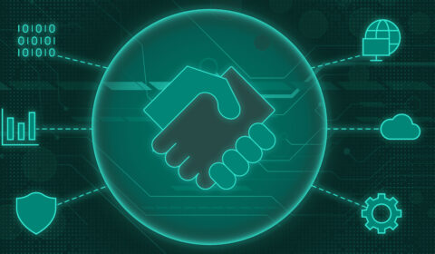 The image has one large circle with shaking hands in the center. Surrounding the circle are six smaller graphics: a series of code, a bar graph, a shield, a cog, a cloud, and a computer.