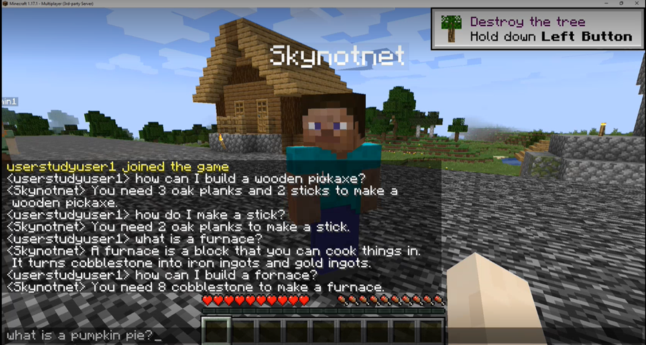 Figure 1: A Minecraft player obtaining crafting recipes by interacting with the NPC 