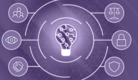 illustration of a lightbulb shape with different icons surrounding it on a purple background