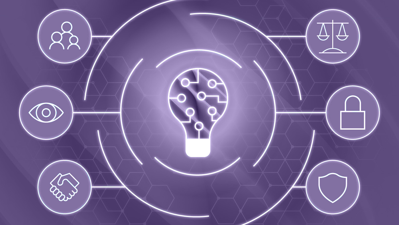 illustration of a lightbulb shape with different icons surrounding it on a purple background