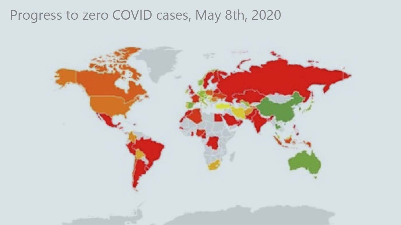 world map with color indicators of progress to zero COVID-19 cases on May 8th, 2020