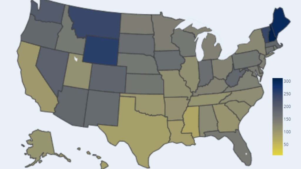 color-coded map of the United States indicating total responses to banner on an online news platform seeking volunteers willing to report COVID-19-like symptoms