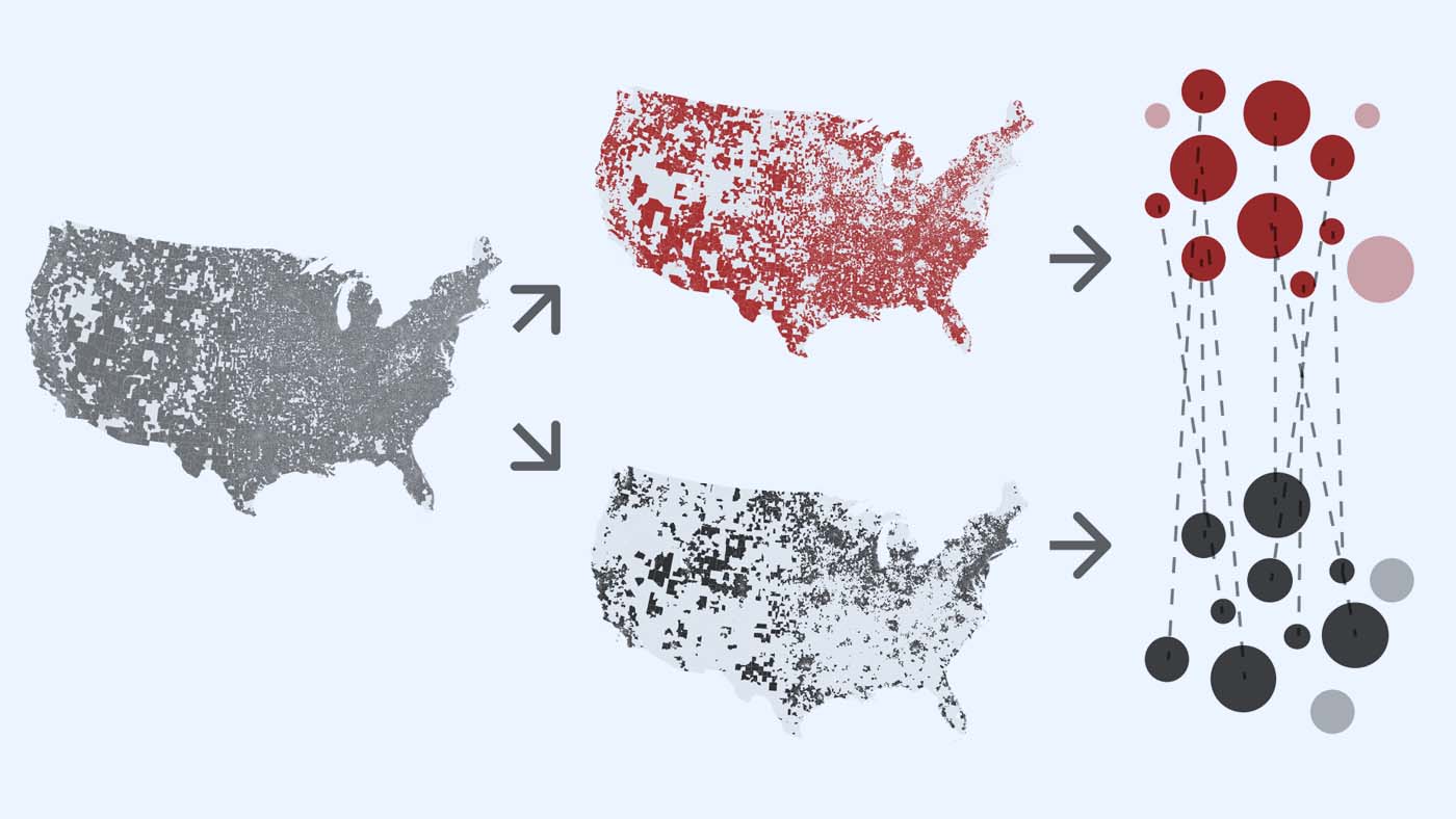 three illustrations of the united states - one with grey concentration spots, one with red concentration spots, and one with black concentration spots