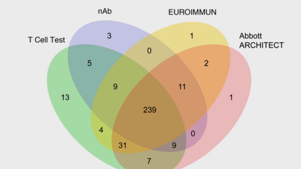 Venn diagram of T cell test, nAb, EUROIMMUN, and Abbott ARCHITECT