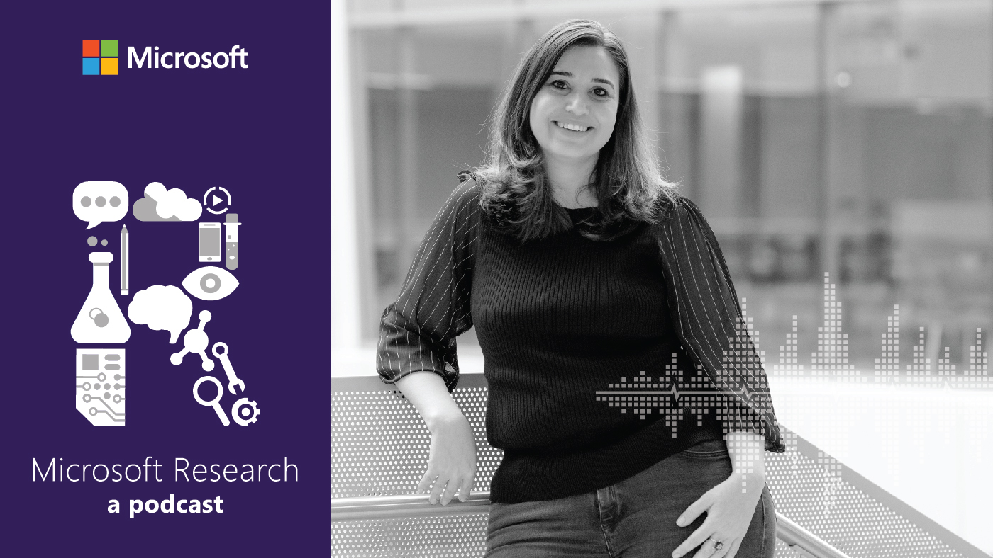 black and white photo of Ece Kamar, Partner Research Manager at Microsoft Research, next to the Microsoft Research Podcast "R" logo