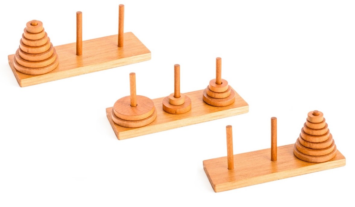 A Towers of Hanoi puzzle in three steps: the first a picture with the puzzle’s seven disks on the first tower, the second a picture with the disks split among the three towers, and the third a picture of all the disks on the last tower.