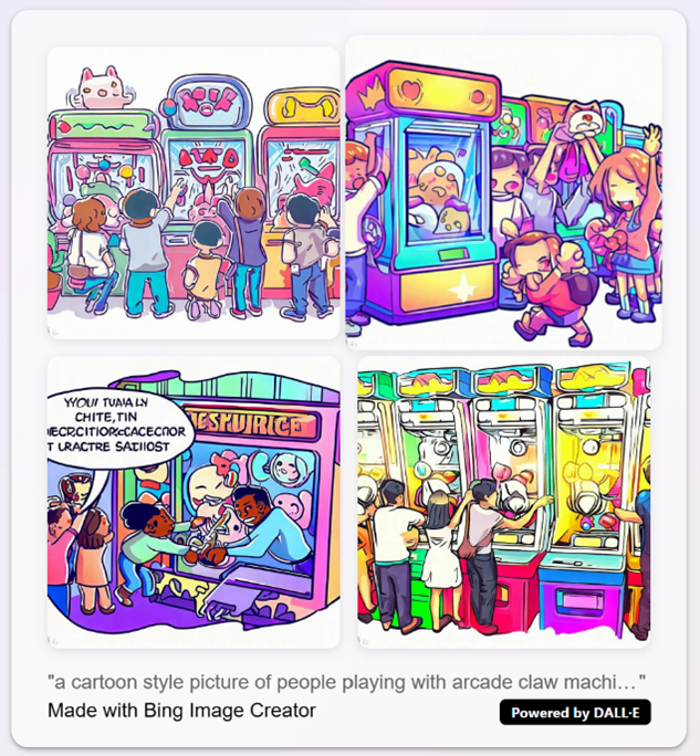 Four samples from a text-to-image diffusion model from Bing using the prompt “A cartoon style picture of people playing with arcade claw machine”. Some of the samples are good quality, some contain errors, for example the text in one image is nonsensical.