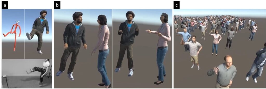 Three panels showing avatars in different poses being controlled by MoveBox.