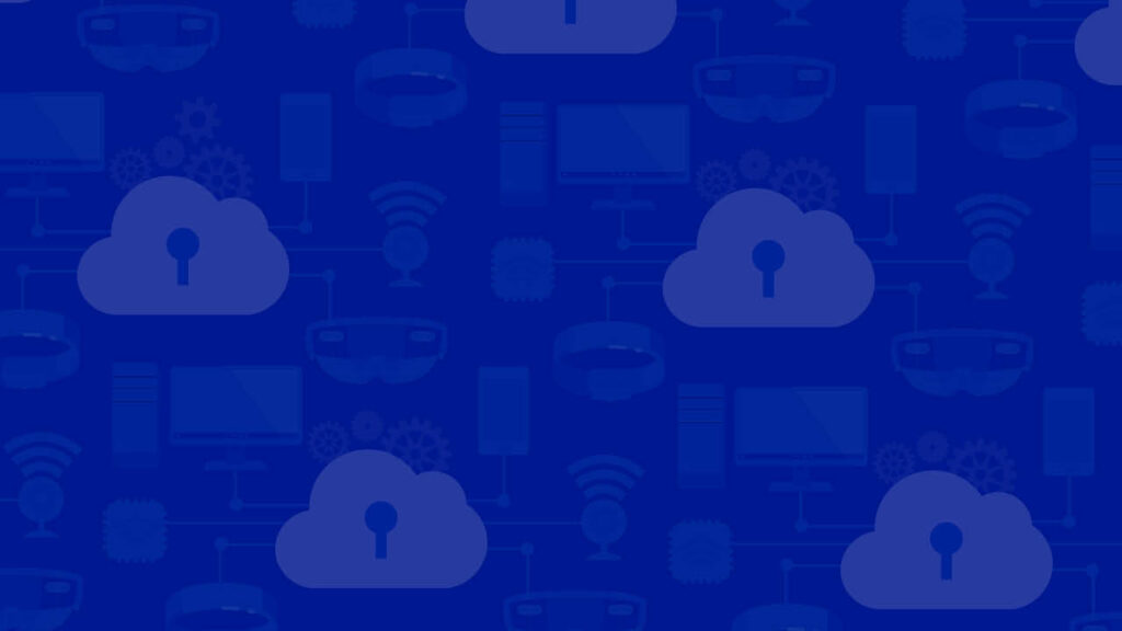 blue background with icons of clouds with keyholes, gears, virtual reality headsets, and smartphones in lighter shades of blue