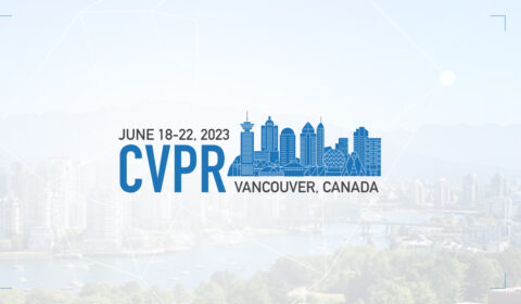 Logo for the CVPR 2023 conference showing the Vancouver, British Columbia skyline with the conference dates, June 18–23, 2023. In the background, there is a faded photo of the city of Vancouver on a sunny day.