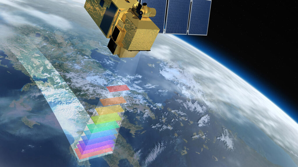 Image of Sentinel-2 satellite scanning a section of Earth; Photo: ESA/Astrium