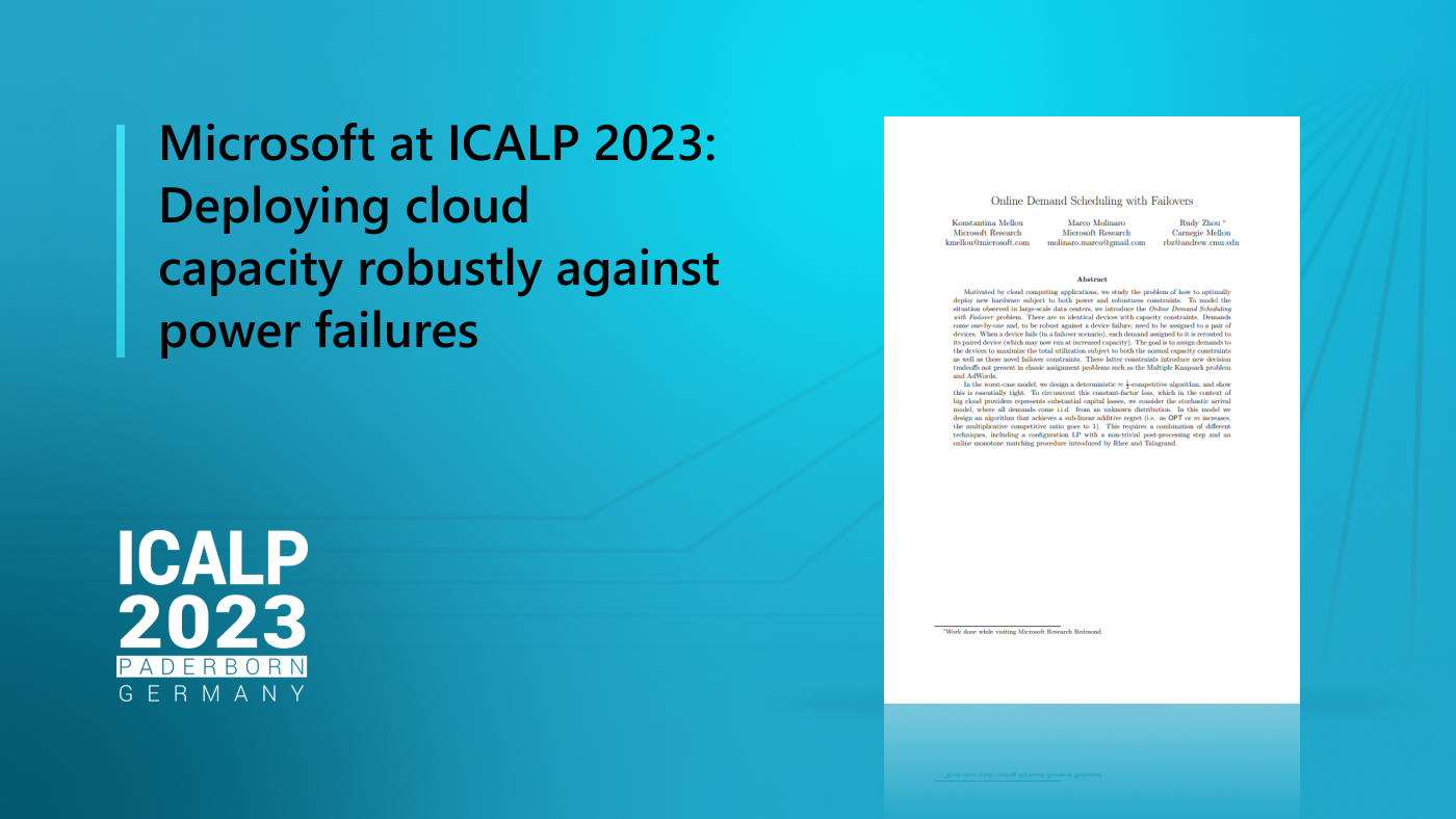 Image that includes the blog title, ”Microsoft at ICALP 2023: Deploying cloud capacity robustly against power failures.” It also shows the ICALP 2023 logo, which is in Paderborn, Germany, and an image of the first page of the published paper. The background is a subtle abstract design.