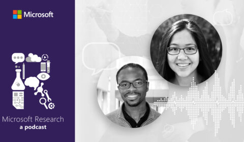 black and white photos of Microsoft Principal Researcher Dr. Bichlien Nguyen and Dr. David Kwabi, Assistant Professor of Mechanical Engineering at the University of Michigan, next to the Microsoft Research Podcast 