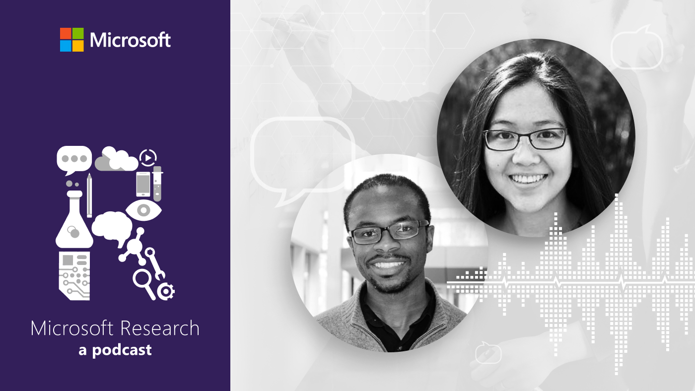 black and white photos of Microsoft Principal Researcher Dr. Bichlien Nguyen and Dr. David Kwabi, Assistant Professor of Mechanical Engineering at the University of Michigan, next to the Microsoft Research Podcast "R" logo