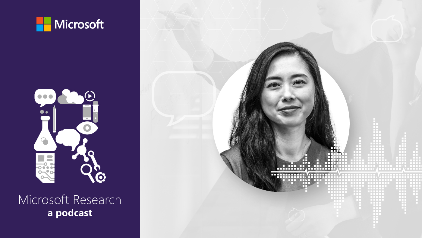 black and white photos of Haiyan Zhang, General Manager of Gaming AI at Microsoft Gaming, next to the Microsoft Research Podcast "R" logo