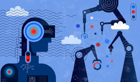 space connections 6G - AI for networking; illustration of Ai controlling robotic arms