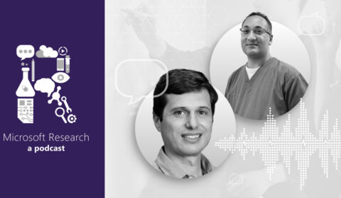 black and white photos of Microsoft Health Futures’ Senior Director Javier Alvarez and Dr. Raj Jena, a radiation oncologist at Addenbrooke’s hospital, next to the Microsoft Research Podcast 