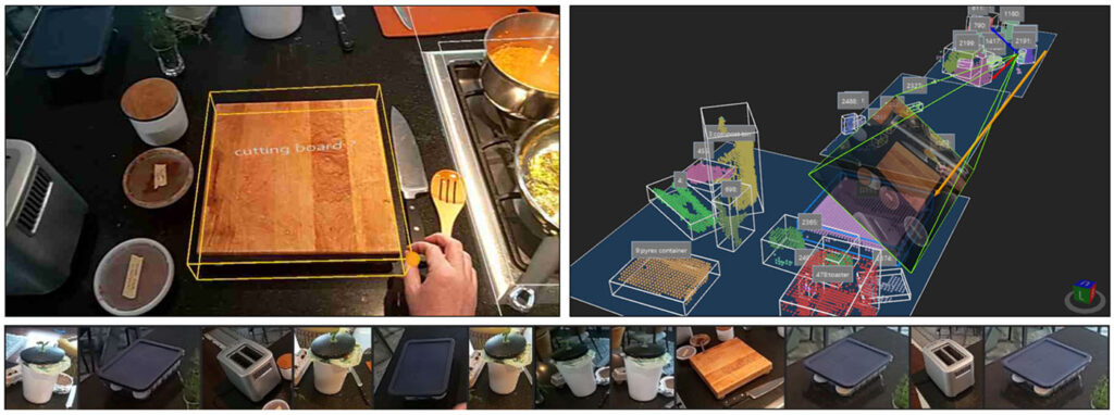 Figure 10: An illustration of a mixed-reality system for interactive continual learning in the kitchen domain. Top left: a view through the mixed-reality headset of a cutting board highlighted and labeled by the system and various other kitchen objects. Top right: 3D object detection and localization. Bottom: a diverse mix of kitchen objects as seen from an egocentric perspective.