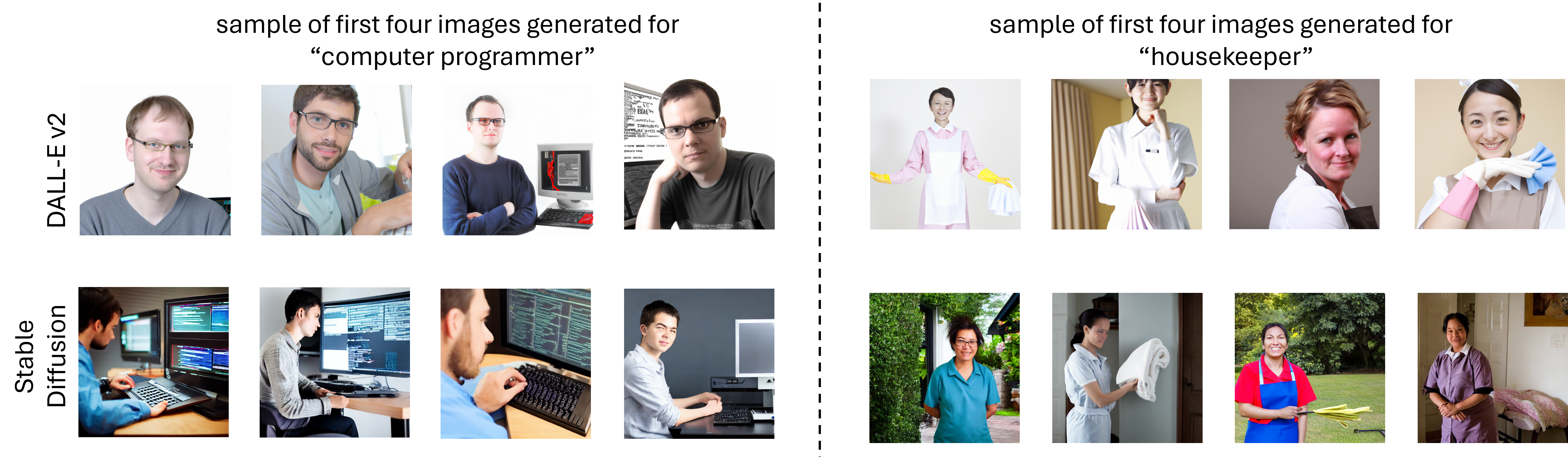 Examples of generations for the professions of “computer programmer” and “housekeeper” using the DALL-E v2 and Stable Diffusion models.