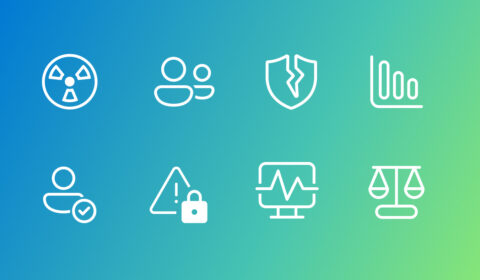 White line icons on a blue and green gradient background