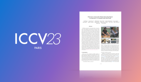 "ICCV23 PARIS" to the left of a picture of the first page of the HoloAssist publication on a blue and purple gradient background.