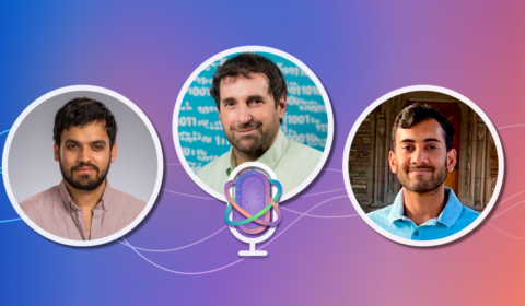 photos of PhD students Anunay Kulshrestha and Karan Newatia with a photo of Senior Cryptographer Josh Benaloh in the middle with a microphone icon on a blue and purple gradient background