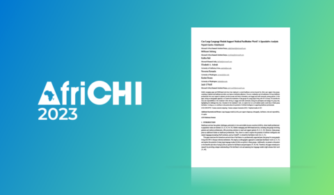 AfriCHI 2023 logo to the left of accepted paper "Can Large Language Models Support Medical Facilitation Work? A Speculative Analysis" on a blue/green gradient background