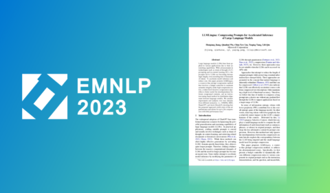 EMNLP 2023 logo to the left of accepted paper "LLMLingua: Compressing Prompts for Accelerated Inference of Large Language Models" on a blue/green gradient background