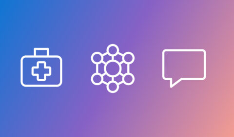 Illustrated icons of a medical bag, hexagon with circles at its points, and a chat bubble on a blue and purple gradient background.