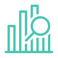 green bar graph with a magnifying glass icon