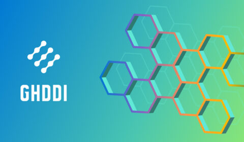 GHDDI name and logo on the left with a rainbow spectrum colored honeycomb on the right on a green and blue gradient background