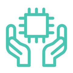 green icon of microchip surrounded by two hands