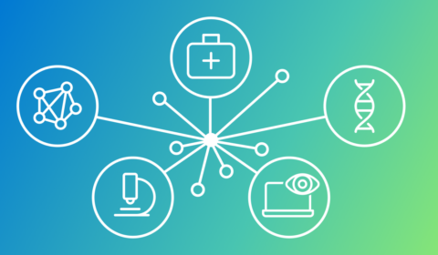 white icons of first aid kit, DNA strand, laptop monitor with overlapping eye, and microscope on a blue and green gradient background