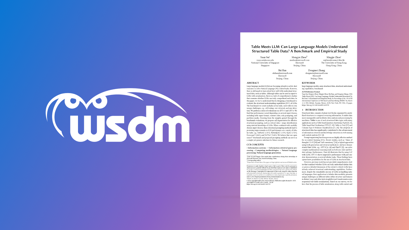 WSDM logo in white to the left of the first page of the "Table Meets LLM: Can Large Language Models Understand Structured Table Data? A Benchmark and Empirical Study" publication