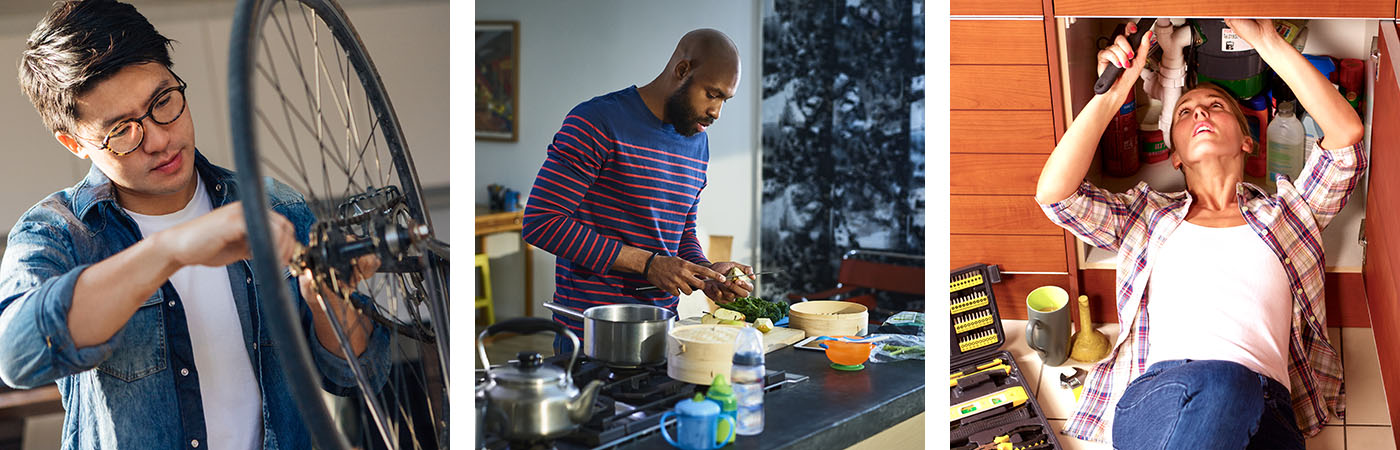 Left: Stock photo of a man with glasses fixing a bicycle. Middle: Stock photo of a man cooking a meal in a kitchen. Right: Stock photo of a woman fixing the plumbing of a kitchen sink with a wrench while lying on the floor with other tools scattered around.