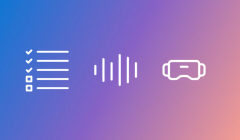 Blue, purple, pink gradient background with three images: a five item checklist on the left, a sound wave in the middle, and goggles on the right.