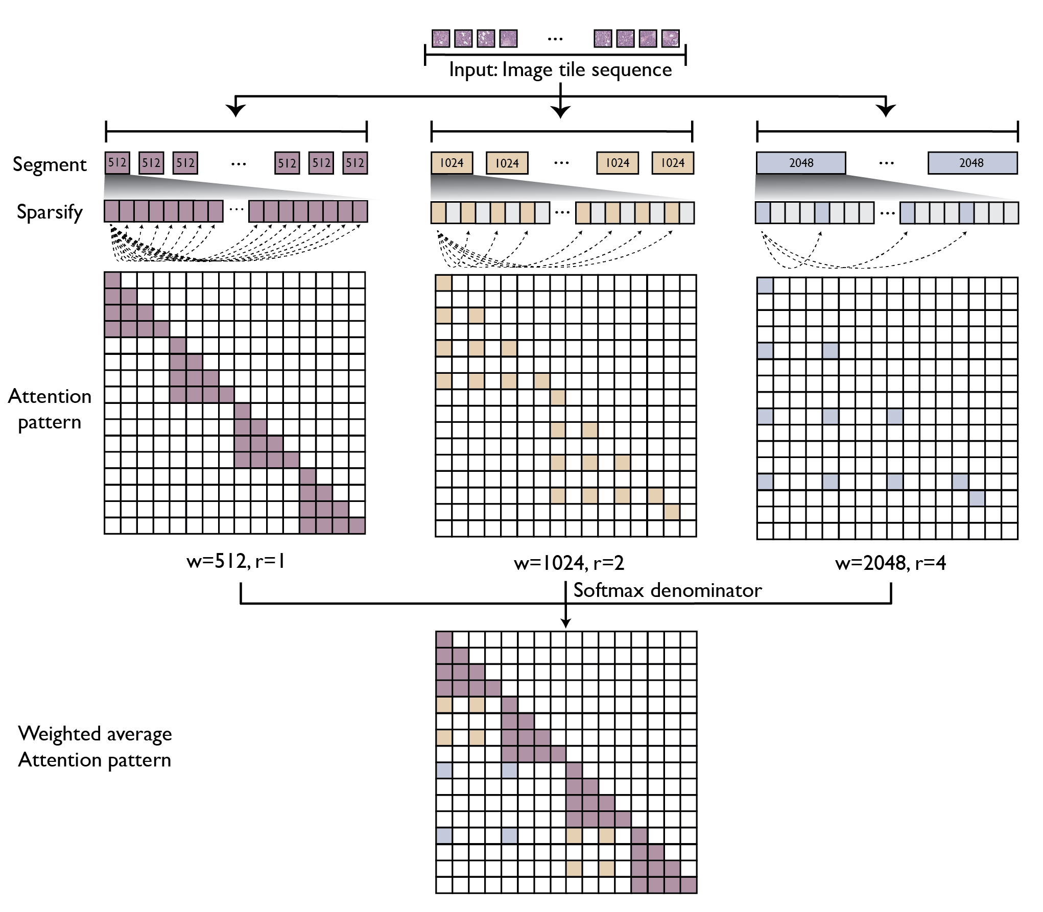 Figure 2: Illustration of dilated attention. Dilated attention introduces a series of increasing sizes for subdividing the tile sequence into segments of the given size. For larger segments, we introduce sparse attention with sparsity proportional to segment length, thus canceling out the quadratic growth. This enables us to capture long-range dependencies in a systematic way while maintaining tractability in computation (linear in context length). 