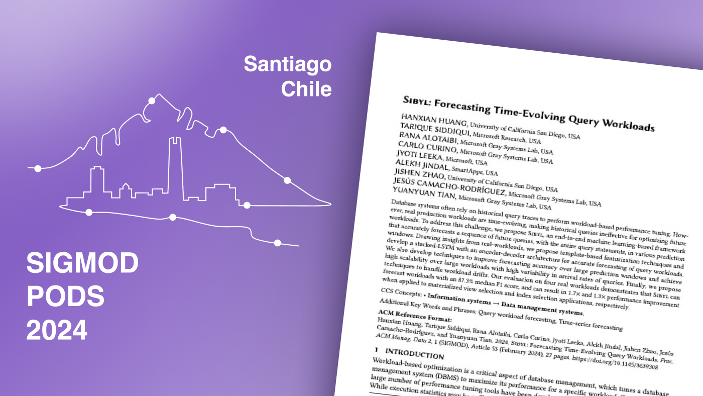 SIGMOD/PODS 2024 logo to the left of the first page of accepted paper, "SIBYL: Forecasting Time-Evolving Query Workloads"