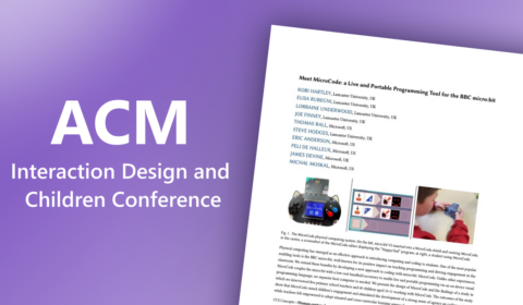 ACM Interaction Design and Children Conference in white to the left of the front page of the publication Meet MicroCode: a Live and Portable Programming Tool for the BBC micro:bit on a purple background