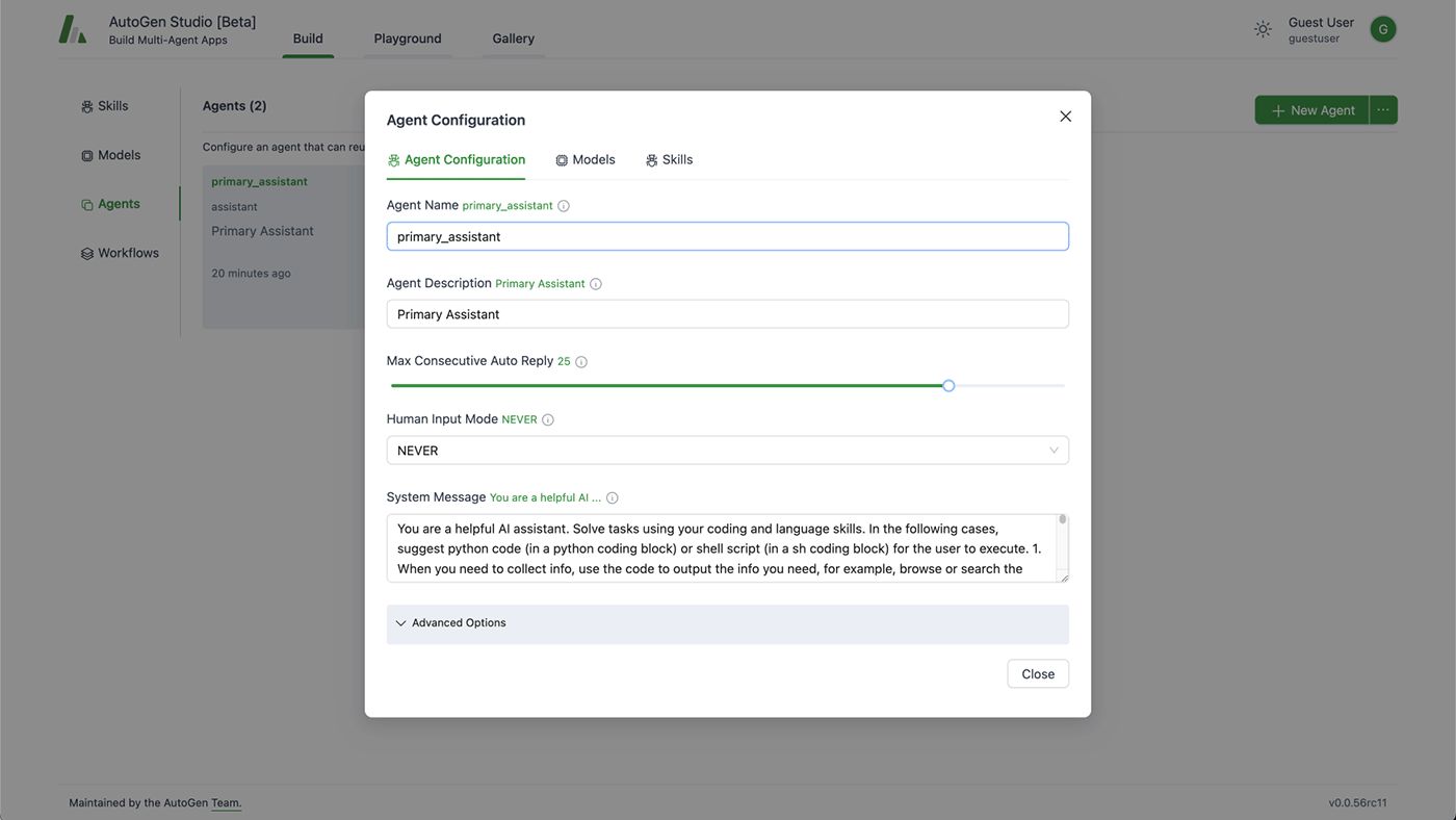 AutoGen Studio user interface: agent configuration