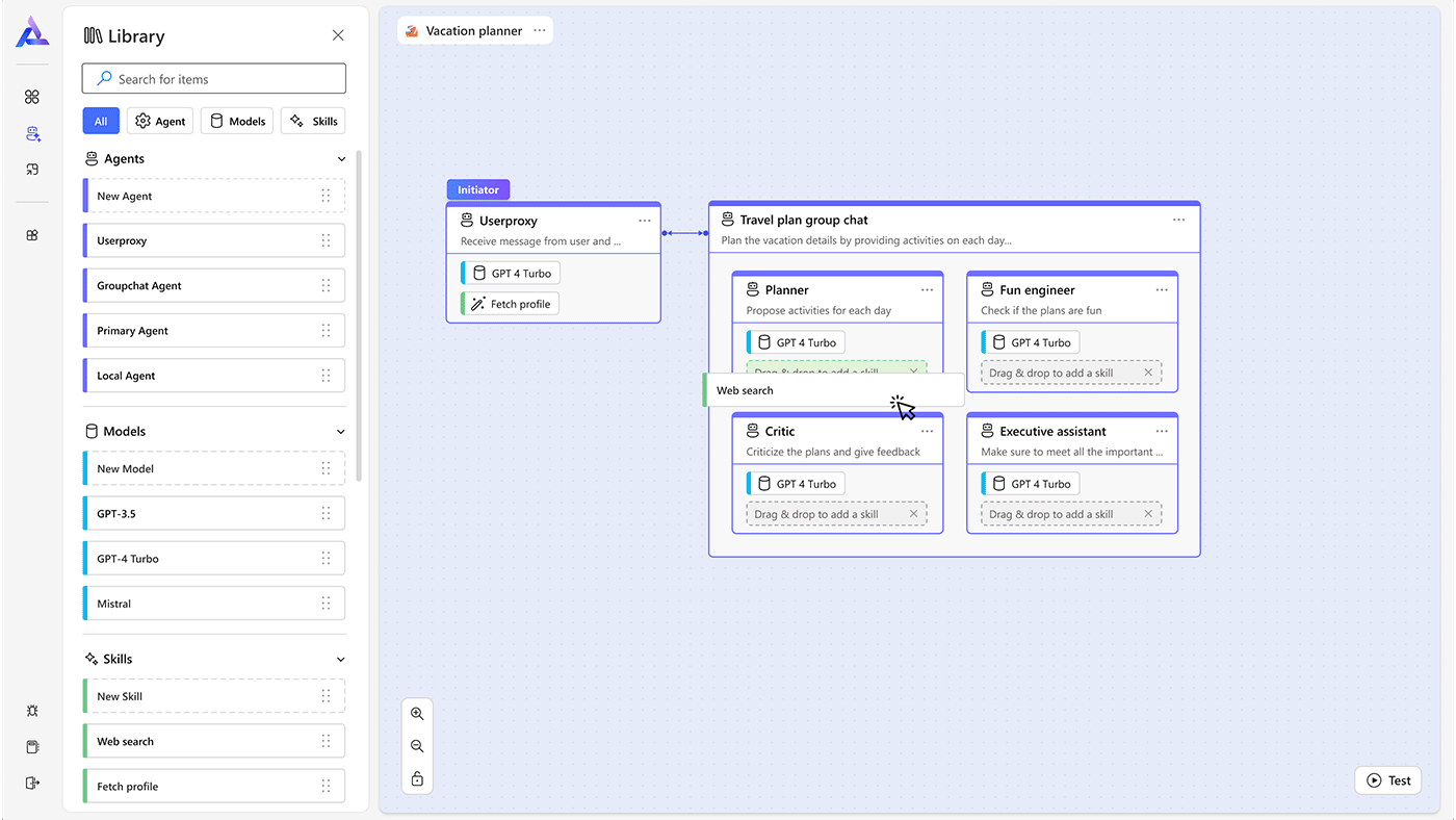 AutoGen Studio user interface: visual workflow design