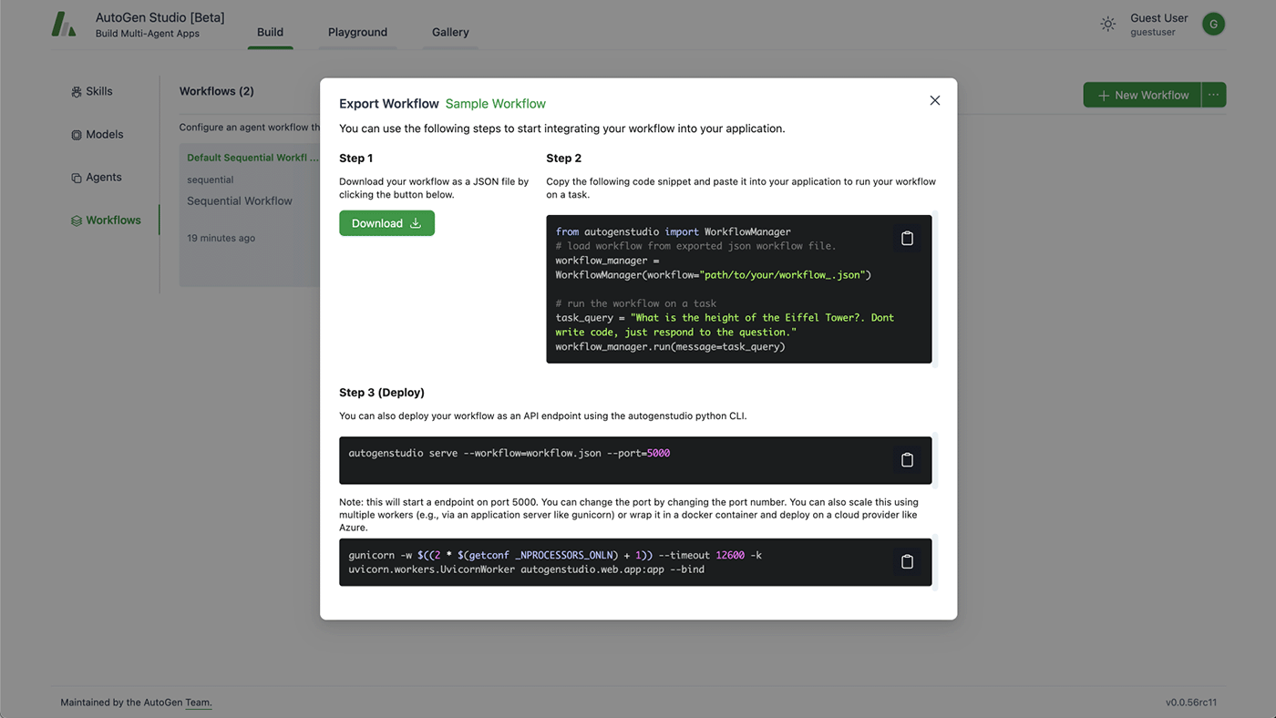 AutoGen Studio user interface: export workflow