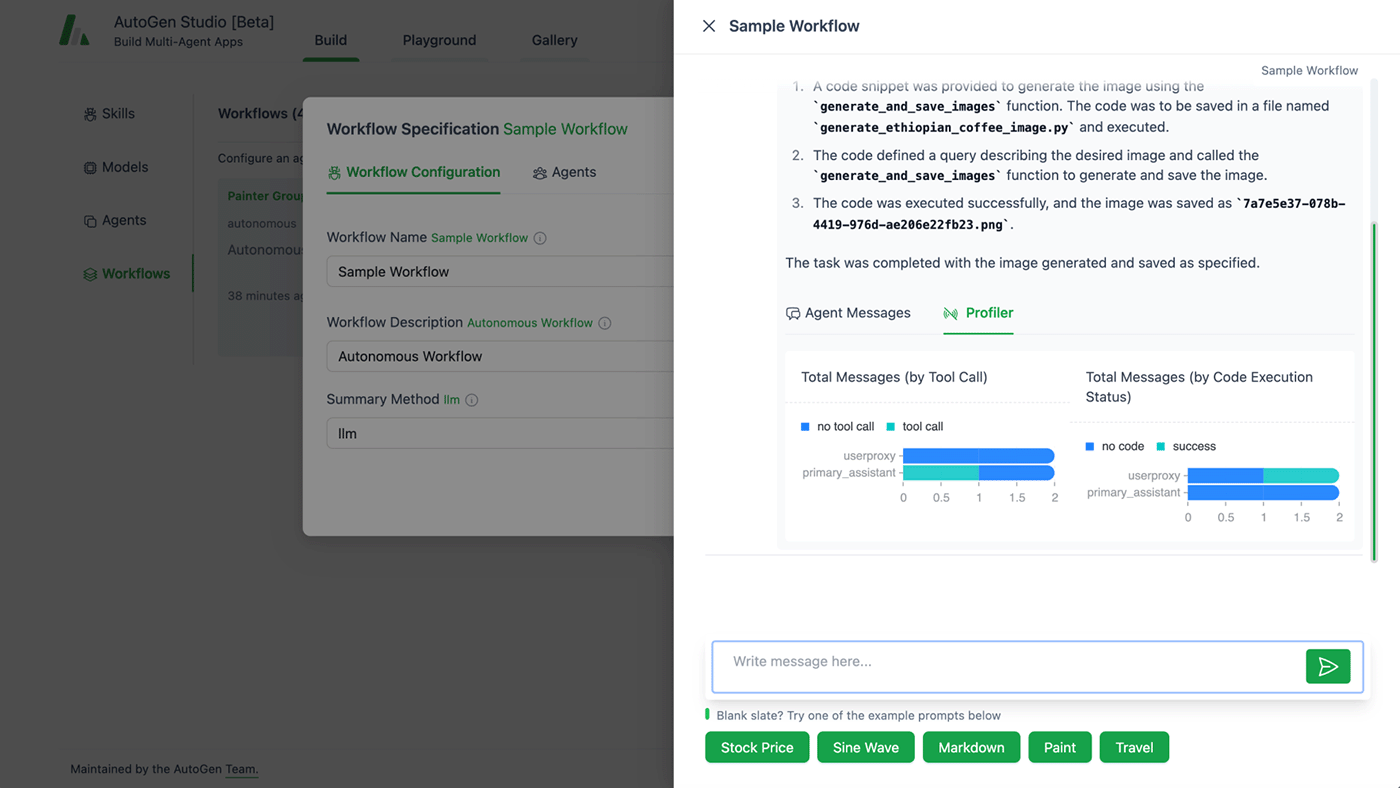 AutoGen Studio user interface: sample workflow