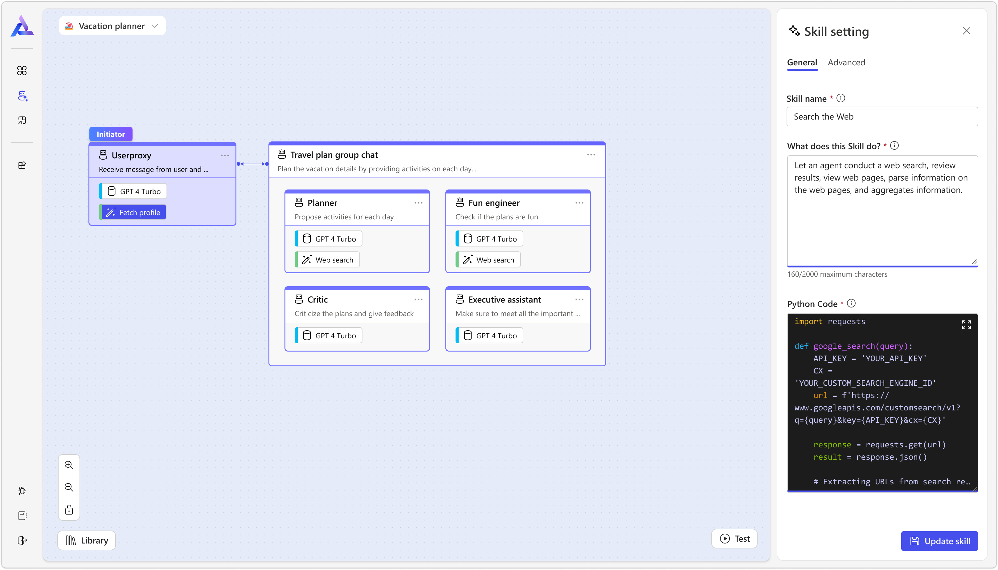 A new visual canvas interface for AutoGen that allows users to both visualize agent interactions as well as update properties of each agent in the same view pane.